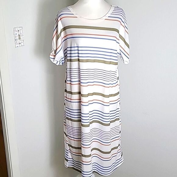 T-Shirt Dress, White with Blue, Pink & Gray Stripes, Size Medium - Picture 1 of 7